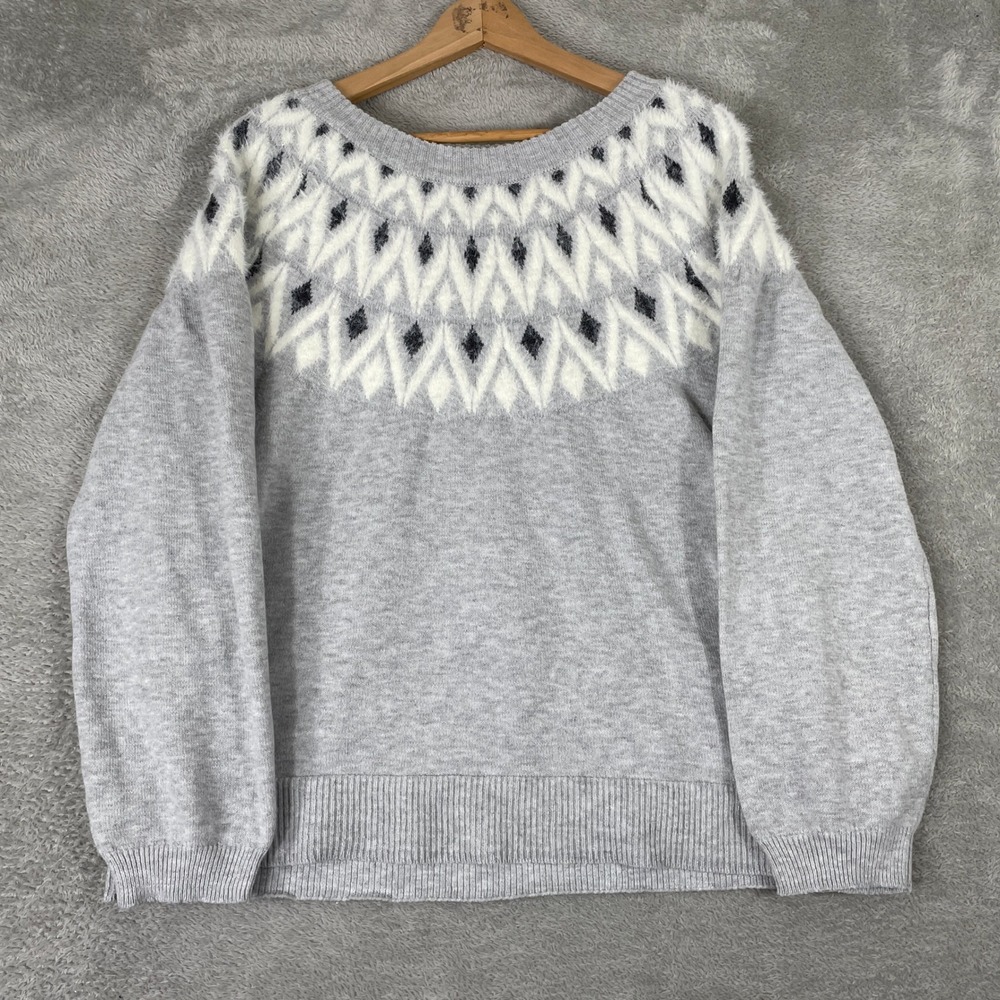 Maurices Sweater Womens Large Gray Fair‎ Isle Fuzzy Yoke Knit Pullover